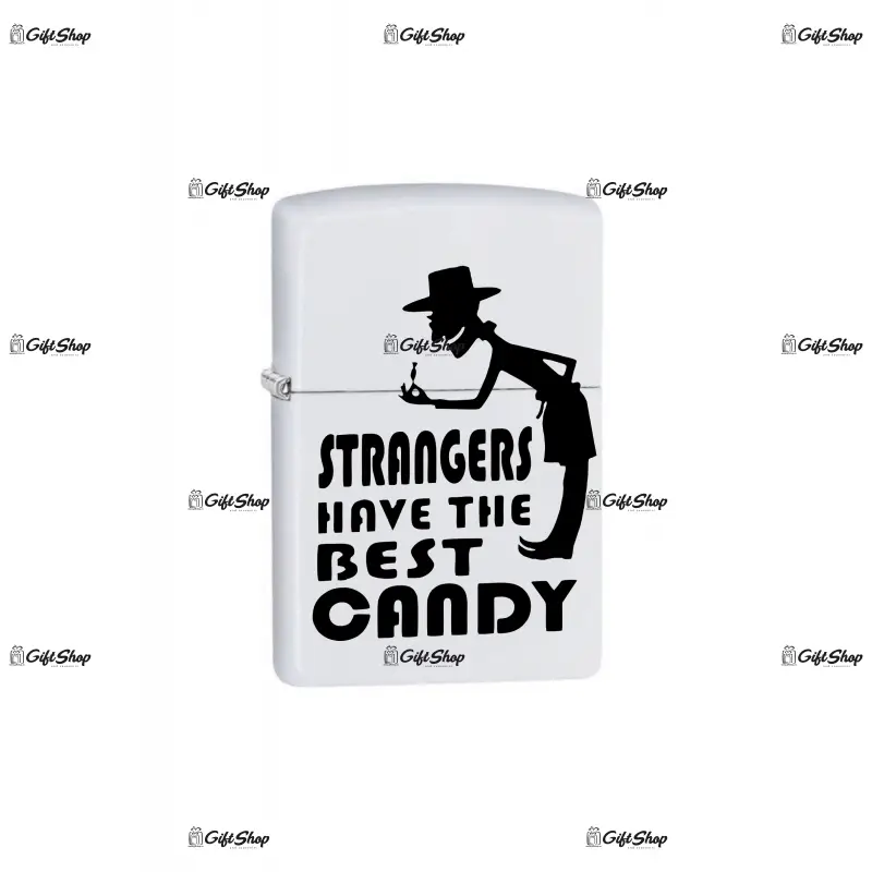 Strangers have the best candy, bricheta metalica gravata laser cu mesaj